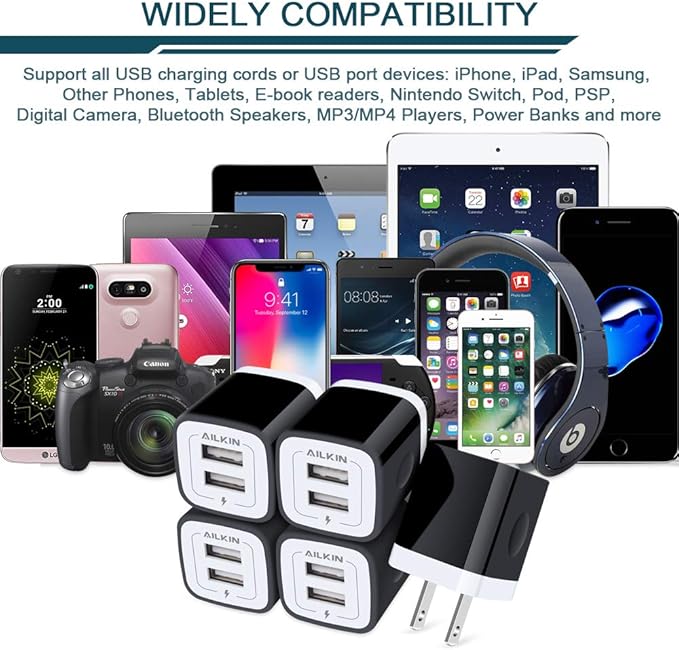 USB Wall Plug, Multi USBA AC Power Charger Adapter USB-A Block Cube for iPhone, iPad, Samsung, Google Pixel, LG, Camera Phones & Tablets Charge Multiple USB Plug Station Base