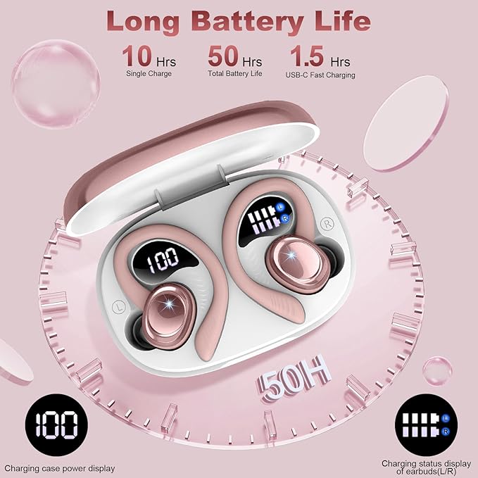 Wireless Earbuds Bluetooth 5.4 Headphones Sport, 2026 Bluetooth Earbuds with Earhooks, 50H Stereo Over Ear Buds, Earphone with 4 ENC Noise Canceling Mic, IP7 Waterproof Headset for Running/Gym/Workout