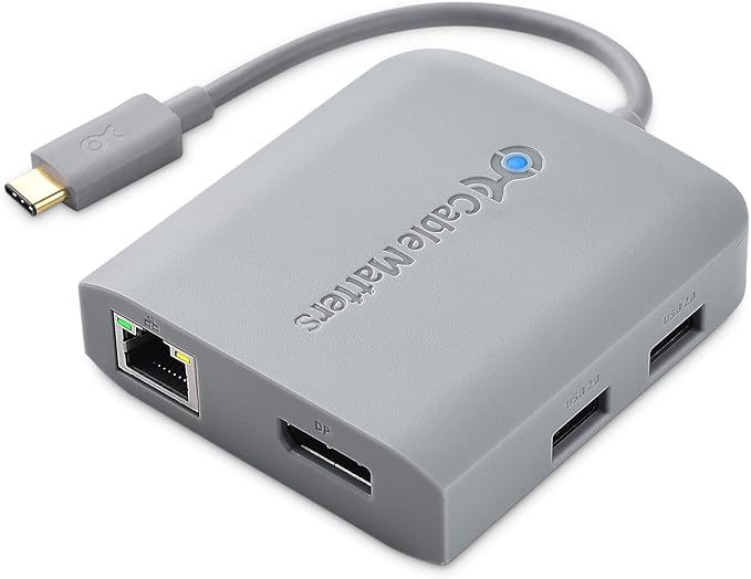Cable Matters USB C Hub DisplayPort, 4K@60Hz (USBC DisplayPort Hub), 100Mbps Ethernet, 2X USB, 60W Host Charging in Gray - Thunderbolt 4 / Thunderbolt 3 Port Compatible for MacBook Pro