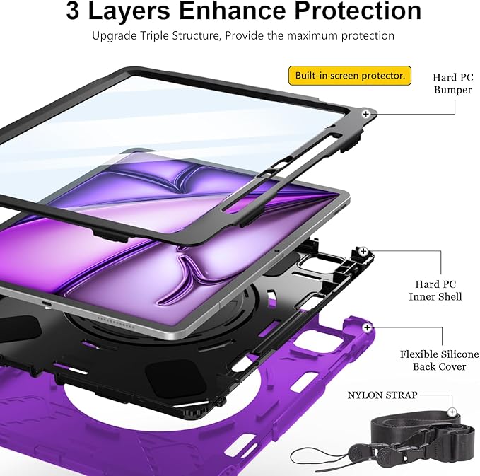 Case for iPad Air 13 Inch M4/M3/M2 (2026/2025/2024): Silicone Shockproof Case with Screen Protector - Stand - Handle - Shoulder Strap - Pen Holder- Purple
