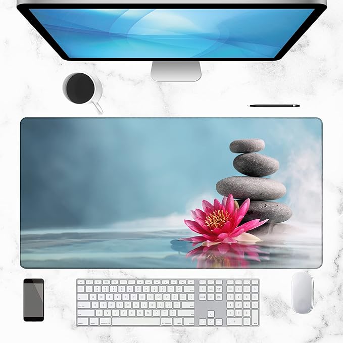 Zen Stone Spa Gaming Desk Mat Large,Water Lily Extended Mousepad,Non-Slip Rubber Mouse Pad Stitched Edges,Desktop Decorative Accessories for Home Office 31.5" x 15.7"