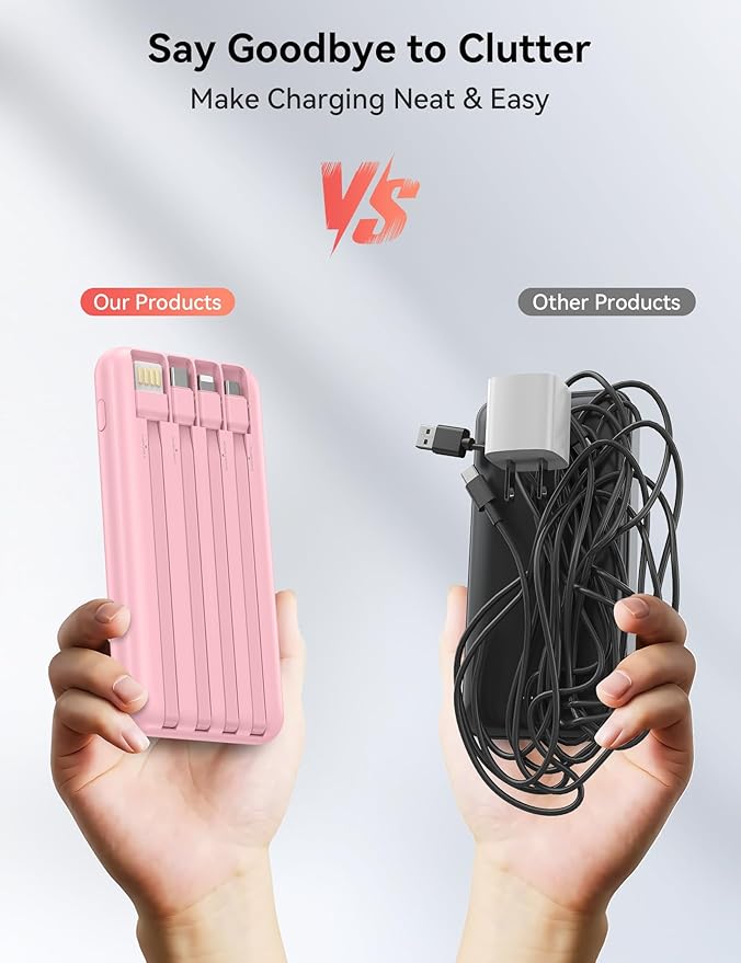 Portable Charger, 10000mAh 22.5W Fast Charging Power Bank with 4 Built-in Cables, Travel Essentials Battery Pack with LED Display, 6 Outputs Charging Bank Compatible with iPhone, iPad, Samsung Pink