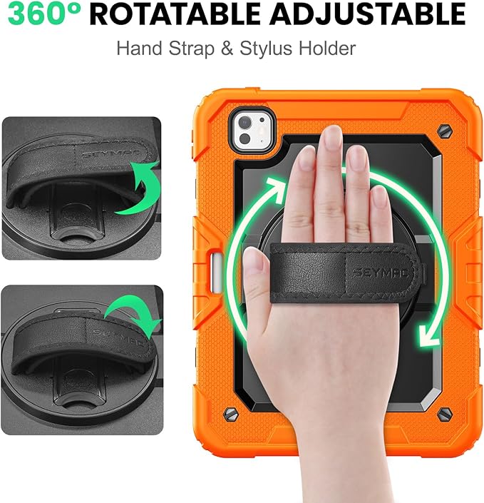SEYMAC for iPad Pro 11 Inch Case M5 2025 / M4 2024, Heavy Duty Shockproof Protective Case with Screen Protector, 360° Rotating Stand, Hand/Shoulder Strap and Pen Holder, Orange