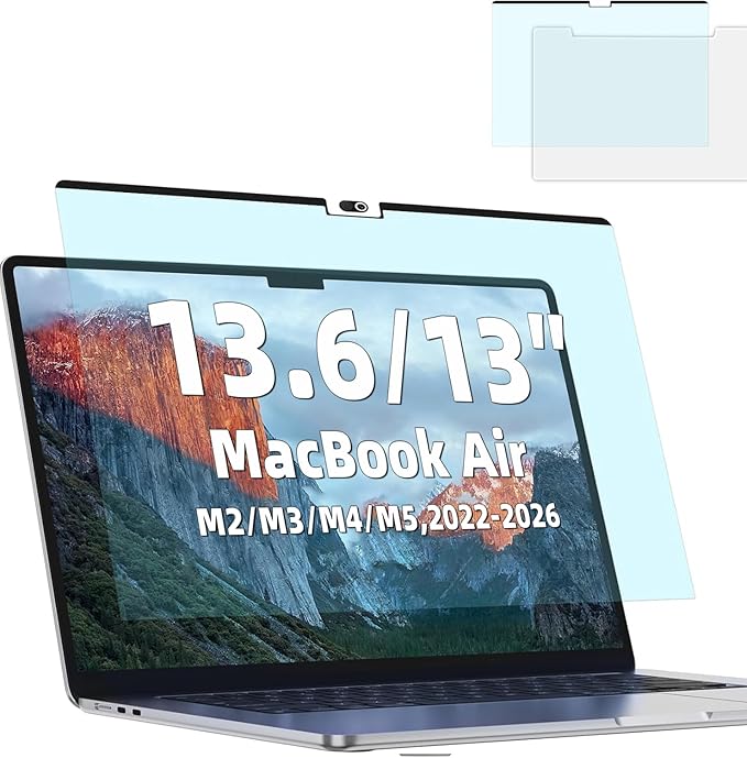 Magnetic Anti Blue Light Screen Protector for MacBook Air 13.6/13 Inch (2022-2026, M2, M3, M4, M5), Removable MAC 13.6" Blue Light Filter , Bubble-Free Install , Eye Protection Glare Laptop Screen Protector