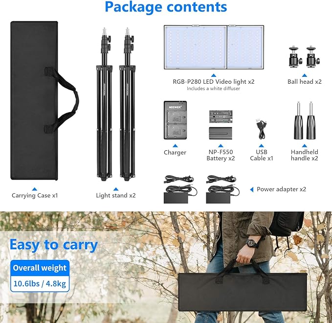 NEEWER 2 Pack RGB Video Light with Tripod Stands NP-F550 Batteries, Studio LED Panel Key Lighting Kit for Game Streaming YouTube Recording Photography Photoshoot Podcast, APP Control/CRI97+, RGB-P280