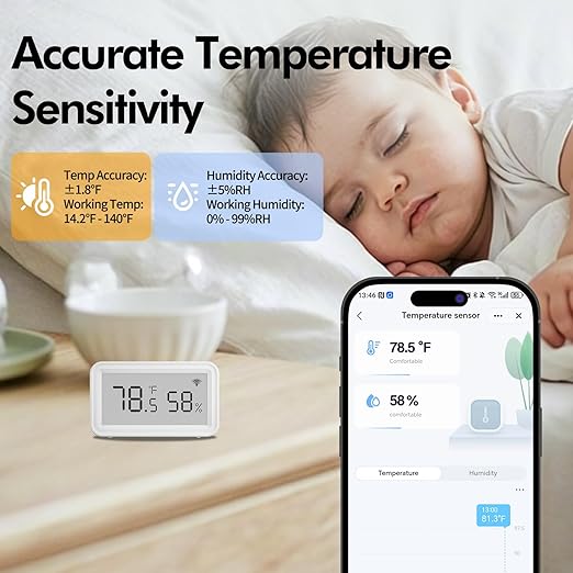 eMylo Smart WiFi Thermometer Hygrometer, Indoor Wireless Temperature Humidity Sensor with Electronic Display, App Notification Alert, Free Data Storage Export, Digital Remote Monitor for Home Room (1)
