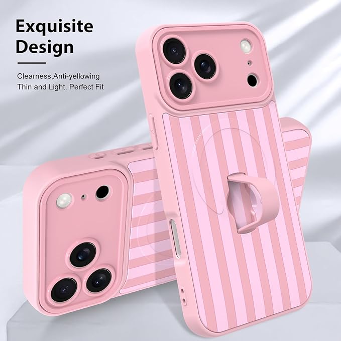 KANGHAR Compatible with iPhone 17 Pro Max Case, Support for MagSafe, Silicone Stripes Cute Pattern, Wristband Kickstand Camera Protection Soft Slim Cover for Girls Women -Pink