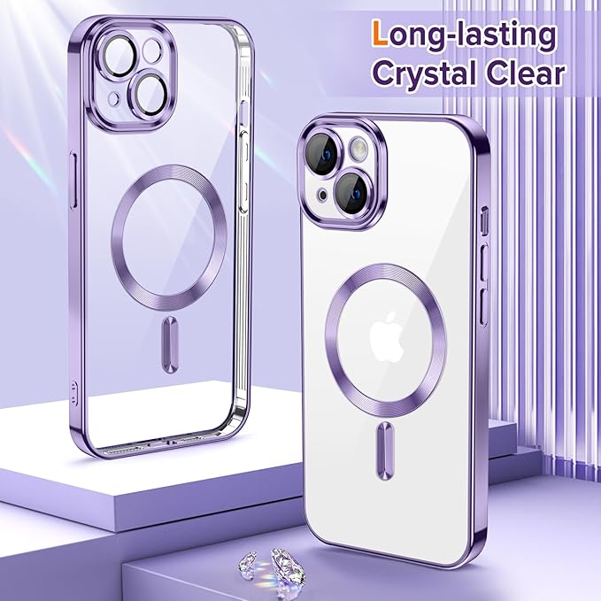 Hython Magnetic Clear for iPhone 13 Case with Camera Lens Protector [Compatible with MagSafe] Luxury Plating Edge Slim Soft TPU Cover Protective Phone Case for iPhone 13 6.1", Light Purple