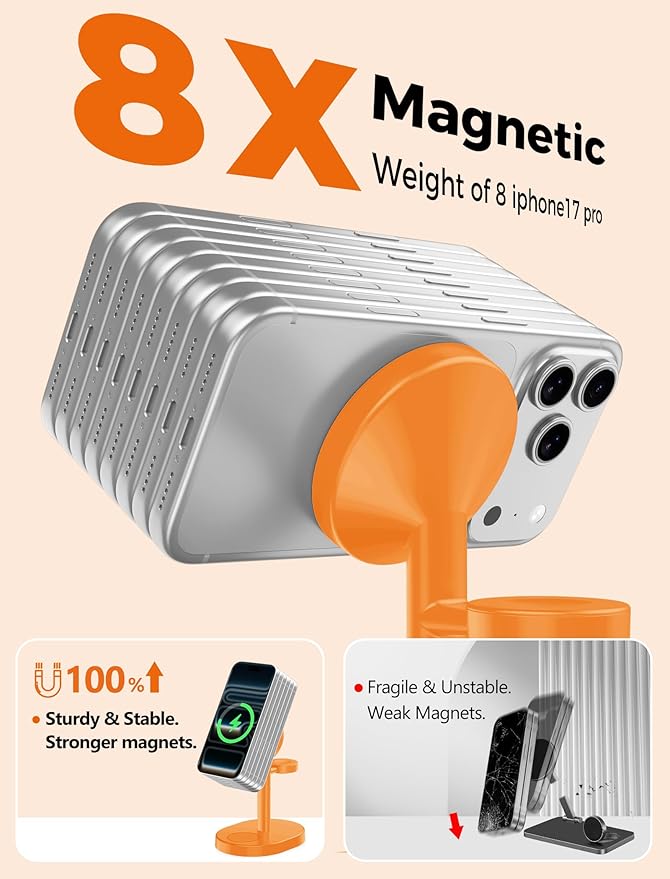 Hevanto 2026 3 in 1 Wireless Charging Station for Apple MagSafe Charger, 15W Fast Magnetic Mag-Safe Charger Stand for iPhone 17 16 15 14 13 12 Apple Watch AirPods Series, Orange