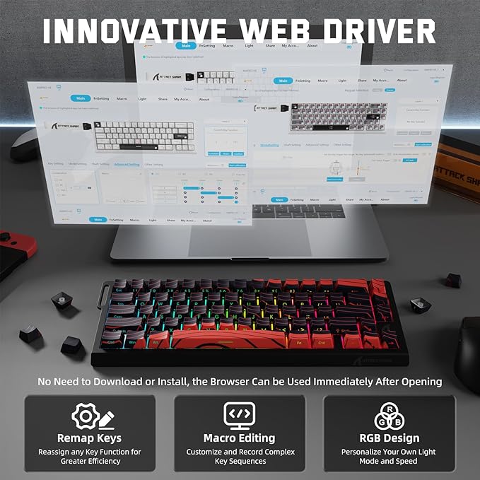 ATTACK SHARK X68 PRO HE Wireless Rapid Trigger Gaming Keyboard with Adjustable Actuation,8K Polling Rate,Hall Effect Magnetic Switch,Hot-Swap,RGB Backlit,BT/2.4GHz/Wired,for FPS Games-Black&Red