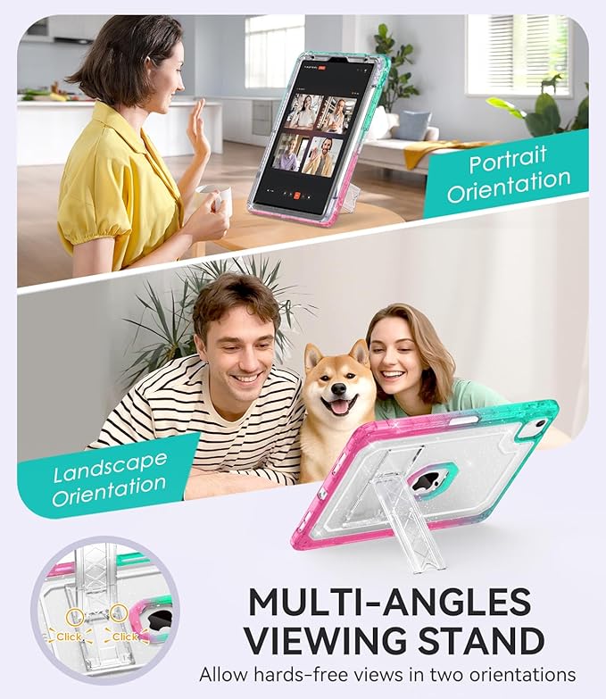 ZoneFoker Case for iPad Air 5th/ 4th Generation Case (2022/2020) 10.9'', for iPad Pro 11 Inch (4th/3rd/2nd/1st Gen), Hard Slim Cover for iPad Air 5 4 th with Pencil Holder/Stand, Pink to Teal Glitter