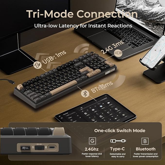 RK ROYAL KLUDGE R98 Pro Wireless Mechanical Keyboard, Creamy Bluetooth/2.4GHz/Wired RGB Gaming Keyboard with Number Pad and Knob, MDA Profile PBT Keycaps, Gasket Hot Swappable Linear Switch, Black