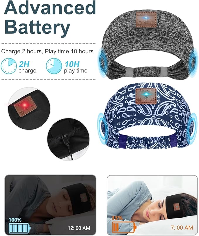 2-Pack Sleeping Headphones, Headband Headphones with Ultra-Thin HD Stereo Speaker, Bluetooth Headband for Sports, Workouts, Insomnia, Yoga, Air Travel, Meditation - Gray&Pattern Blue