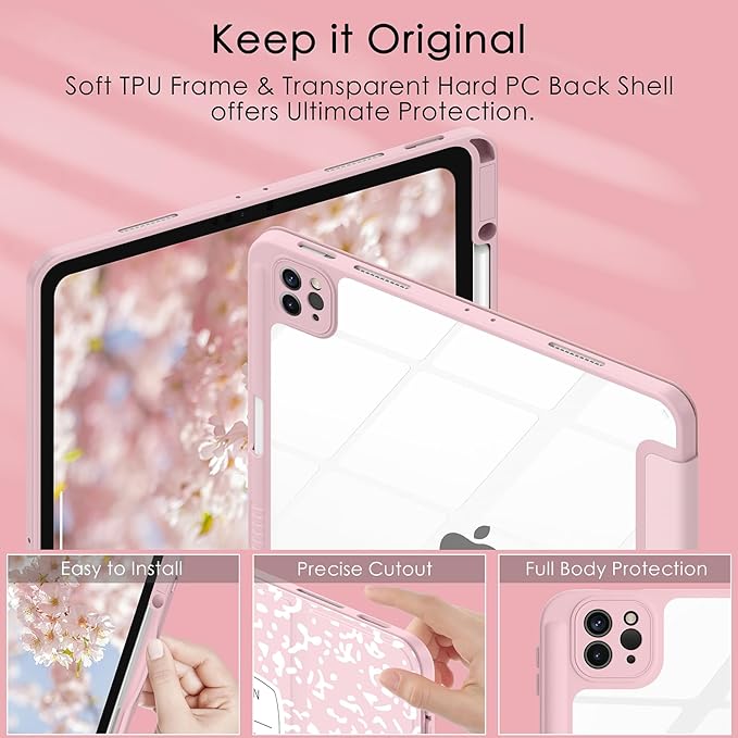 Soke Case for iPad Pro 12.9 Inch (6th/5th/4th/3rd Generation, 2022/2021/2020/2018) - Pencil Holder + Auto Sleep/Wake + Camera Protection, Transparent Shockproof Back Cover, Book Pink
