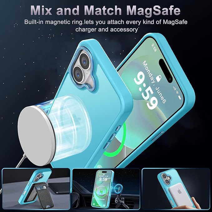 Newfuture Designed for iPhone 16 Case with Magnetic [13 FT Military Drop Protection] [Compatible with Magsafe] Slim Translucent Matte Shockproof with Anti-Fingerprint Phone Case, Lake Blue