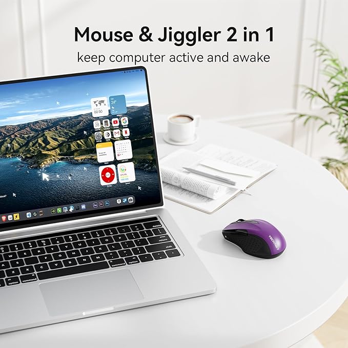 TECKNET Rechargeable Jiggler Wireless Mouse (BT5.0/3.0 & 2.4G) 4800 DPI Silent USB A & Bluetooth Mouse 6 Buttons, Wide Compatibility - Purple