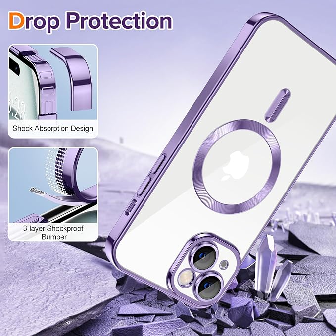 Hython Magnetic Clear for iPhone 15 Plus Case with Camera Lens Protector [Compatible with MagSafe] Luxury Plating Edge Slim Soft TPU Cover Protective Phone Case for iPhone 15 Plus 6.7", Light Purple