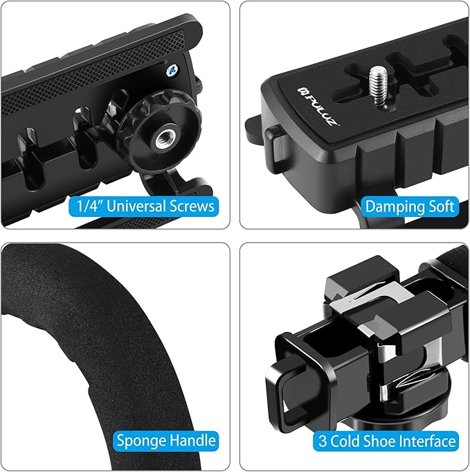 PULUZ U/C Shape Video Action Stabilizing Handle Grip Handheld Stabilizer Kit with Phone Clamp & LED Studio Light for Canon Sony Nikon Cameras and Home DV Camera Smartphones