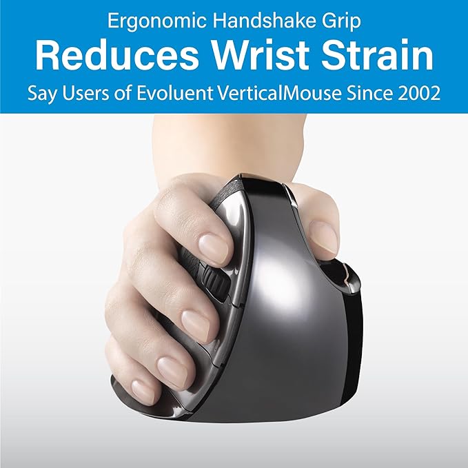 Evoluent – Inventor of The Vertical Mouse – VMDMW Ergonomic Vertical Mouse Right Hand Med USB Wireless, Sculpted for Comfort, Reduces Wrist Strain, 4 Speeds, 6 Customizable Buttons in Windows