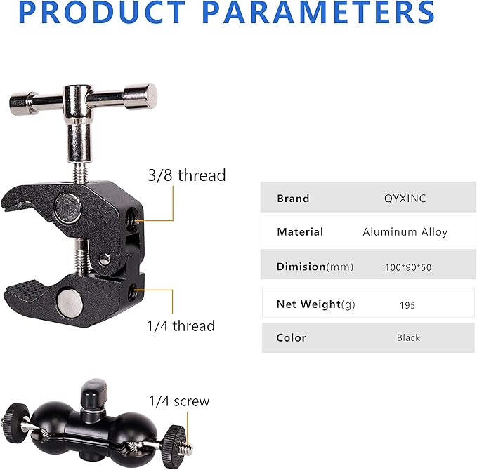 Cool Dual Ball head Magic Arm Adapter Camera Clamp Mount Super Clamp with 1/4 and 3/8 Thread, for DSLR Camera Rig, LED Light, Flash Light, Action Cam, 2Pack