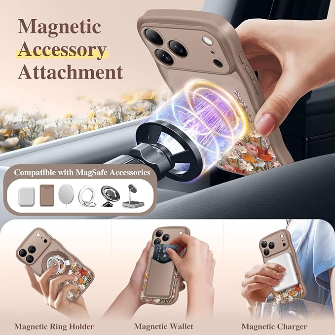 GVIEWIN for iPhone 17 Pro Case Compatible with MagSafe [Curly Wave Edge][Full Camera Protection] Floral Translucent Shockproof Magnetic Women Phone Case for iPhone 17 Pro 6.3'', Primrose/Brown