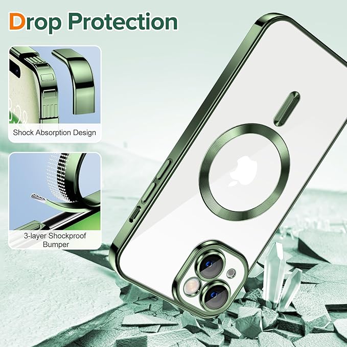 Hython Magnetic Clear for iPhone 15 Case with Camera Lens Protector [Compatible with MagSafe] Luxury Plating Edge Slim Soft TPU Cover Protective Phone Case for iPhone 15 6.1", Deep Green