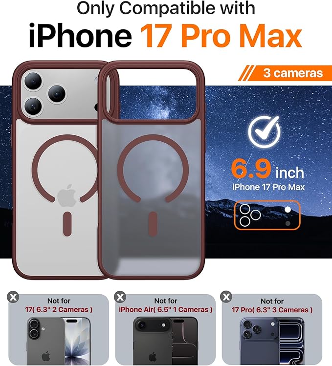Magnetic for iPhone 17 Pro Max Case,[Anti-Slip][Compatible with MagSafe][Military Grade Drop Protection] Shockproof Protective Translucent Phone Case for iPhone 17 Pro Max Case,Wine Red