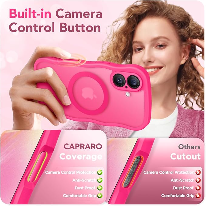 CAPRARO Magnetic for iPhone 17 Case for Women Girls, Upgraded [Full Camera Protection] [Compatible with MagSafe] Cute Wave Translucent Matte Phone Case for iPhone 17, Hot Pink