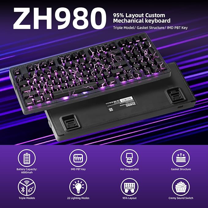 ZORNHER ZH980 Mechanical Keyboard Wireless,95% Creamy Keyboard with Number Pad,Lightning PC Keycaps,Gaming Keyboard with Number Pad,Creamy Sounding Linear Switches,Full Size,2.4GHz/USB-C/BT5.0
