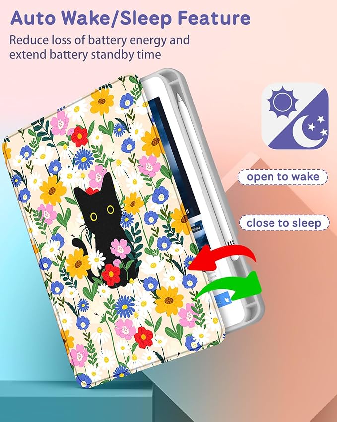 Uppuppy for iPad mini 4 Case for iPad mini 5th Generation Case - 360 Rotating Stand Folio Smart Cover with Pencil Holder for Women Girls, Cat and Flowers for Apple Tablet Mini 7.9 inch 2019/2015