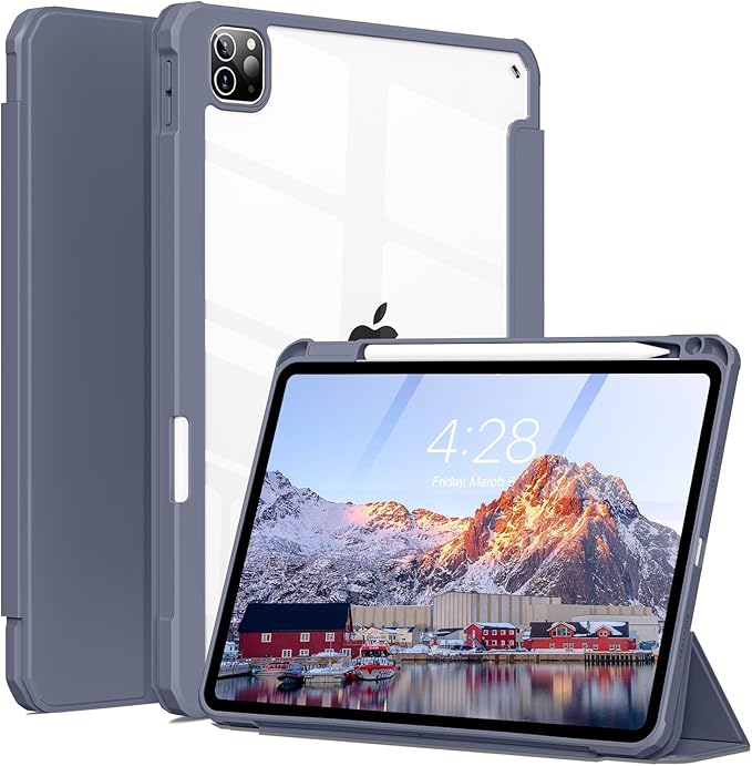 Case for iPad Pro 12.9 Inch (6th/5th/4th/3rd Generation 2022/2021/2020/2018) with Pencil Holder, Clear Transparent Back Shell Slim Stand Shockproof Tablet Cover, Auto Wake/Sleep, Purple