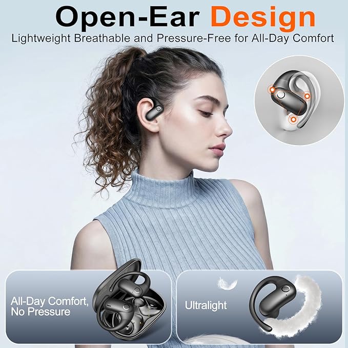 kurdene Wireless Earbuds 5.4 Bluetooth Headphones, Open Ear Buds with Deep Bass Sound, 60Hrs Playtime Earphones Secure Fit for Earhooks for Running, Meeting, Workout-Black