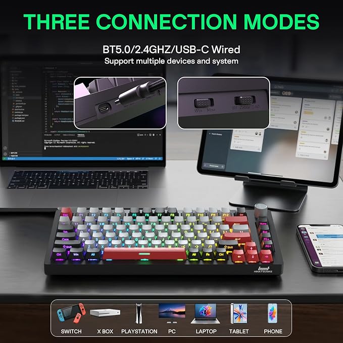H83 PRO Wireless Mechanical Gaming Keyboard 75% Layout, Gaming Equipment Gasket Mounted - Hot Swappable Cardamom Switches, PBT Keycaps, RGB Backlit, USB-C/2.4G/BT5.0 for Win/Mac/Linux