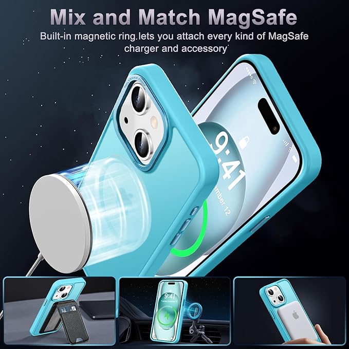 Newfuture Magnetic for iPhone 15 Case [Compatible with Magsafe] [Military Grade Drop Protection] Translucent Matte Anti-Fingerprint Shockproof Phone Case for iPhone 15 6.1 inch, Lake Blue