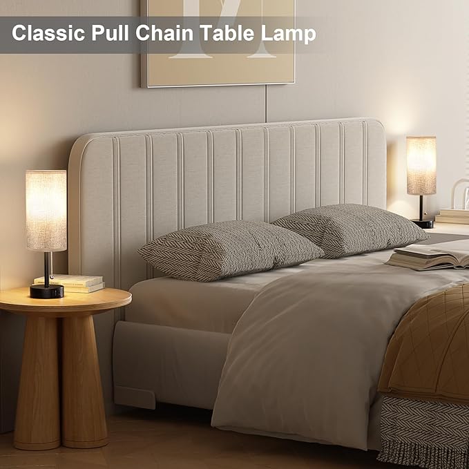 Grey Bedside Lamp for Bedroom Nightstand - Small Table Lamp with USB A + C Charging Port, 3 Color Temperatures Pull Chain Night Stand Light with Bulb, Side Table Desk Reading Lamp for Living Room/Dorm