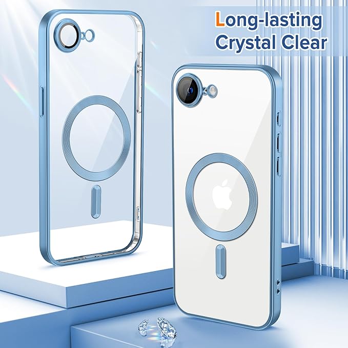Hython Magnetic Clear for iPhone 17e Case with Camera Lens Protector [Compatible with MagSafe] Luxury Plating Edge Slim Soft TPU Cover Protective Phone Case for iPhone 17e 6.1", Matte Light Blue