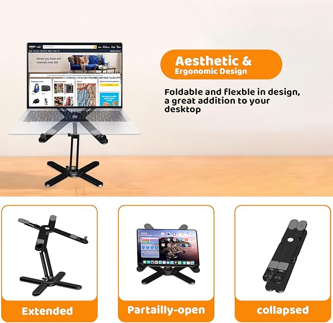 Moallia Laptop Stand with 360 Rotating Base, Computer Notebook Laptop Riser Metal Holder for Desk Collaborative Work, Fully Foldable for Easy Storage, Fits All MacBook, Laptops up to 16 inches, Black