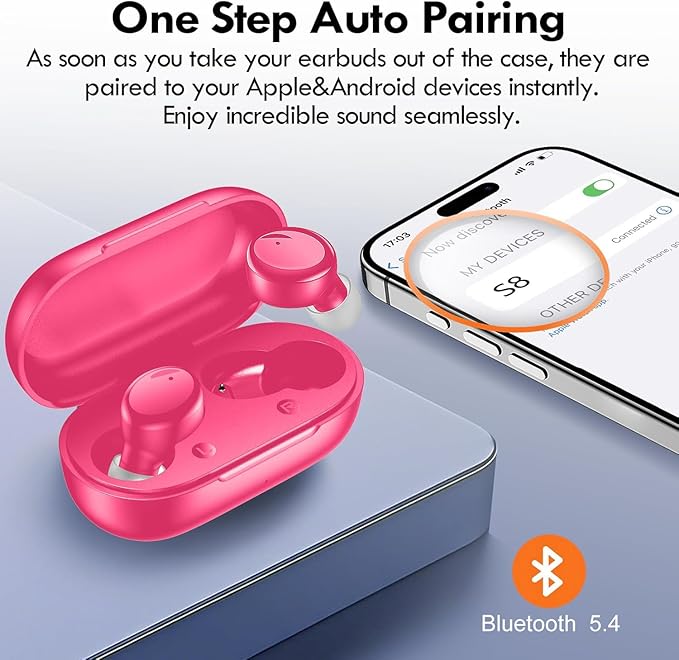 Lanteso True Wireless Bluetooth 5.4 Earbuds, 48H Playtime,Light Weight Headphones in Ear Buds Built in Mic Headset Premium Sound with Deep Bass,Clear Calls Earphones for Sports Workout Hot Pink