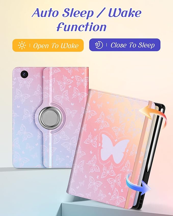 Kidcube for Samsung Galaxy Tab A9 Plus Case 11 Inch - for Women Girls Kids Cute Rotating Stand Folio Cover with Pencil Holder & Card Slot Girly Kawaii Butterfly Design for Samsung A9 Plus Tablet Cases