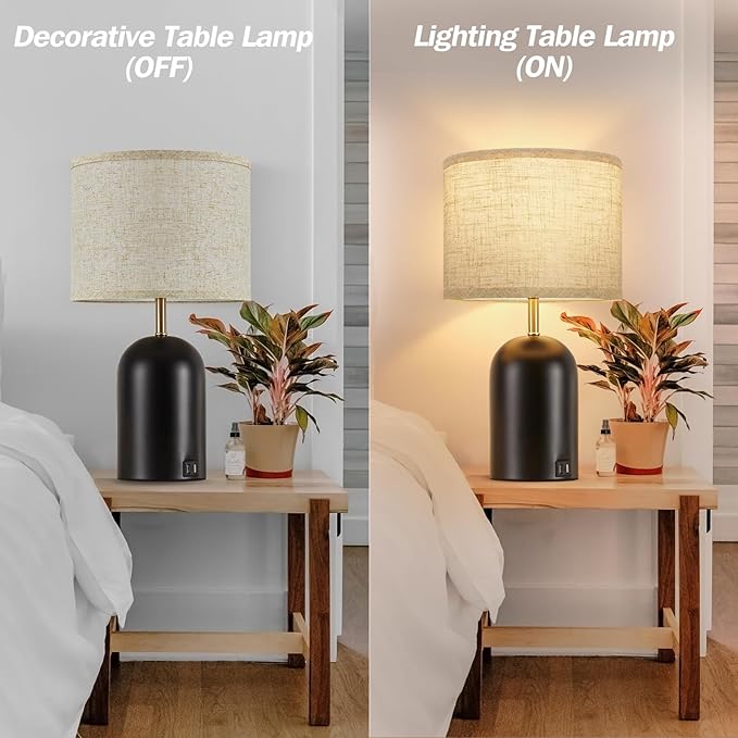 GyroVu Bedside Lamps with USB C+A Charging Ports, Table Lamp Touch Control Dimmable Modern Lamp for Bedroom Lamps for Night Stands with Fabric Shade for Living Room Office Dorm (LED Bulbs Included)
