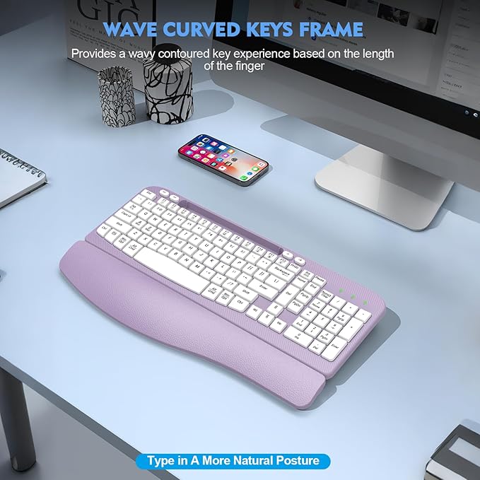 Ergonomic Wireless Keyboard with Cushioned Wrist Rest, Wave Keys, Phone Holder, Comfortable Natural Typing, 2.4GHz Full Size Cordless USB Computer Keyboard for Windows, Mac OS, Laptop, PC (Purple)