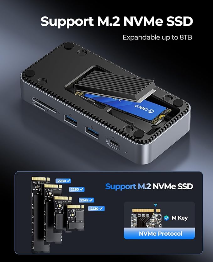 ORICO 9-in-1 USB C Hub with M.2 NVMe SSD Enclosure 10Gbps, Tool Free Hub Docking Station Adapter with Built-in Fan, Gigabit Ethernet, 100W PD, SD/TF, Type C & USB A for Laptop MacBook Mac mini -M2P7