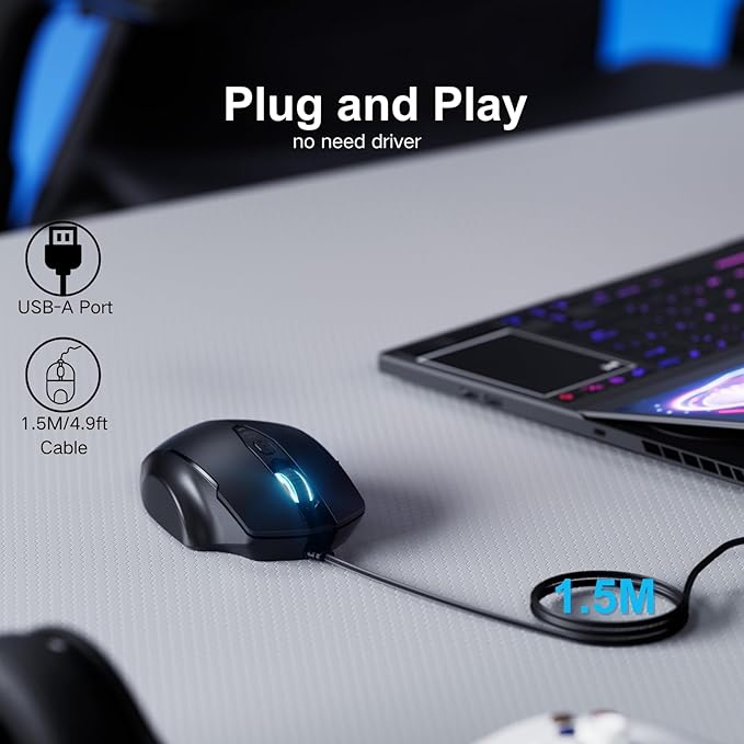 Uineer Wired Mouse, USB Mouse Wired with 6 Buttons Ergonomic Design,1.5M USB Cable Computer mice 7200DPI Optical Mice for PC Laptop, Matte Black