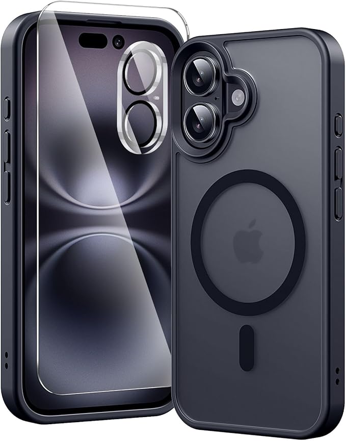 toushion 3 in 1 for iPhone 16 Case with MagSafe, Screen Protector*1 Camera Lens Protector*1,Matte Skin Feeling Back Cover Military-Grade Protection for iPhone 16 Phone Case 6.1 inch Matte Black