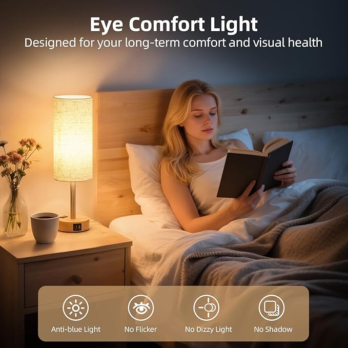 Table Lamp for Nightstand, High-Sensitivity Touch, 3-Level Dimmable Bedside Lamp with AC Outlet | USB | and USB-C, Ideal Night Stand Lamp for Bedroom, Reading, Living Room(Warm&Wooden)