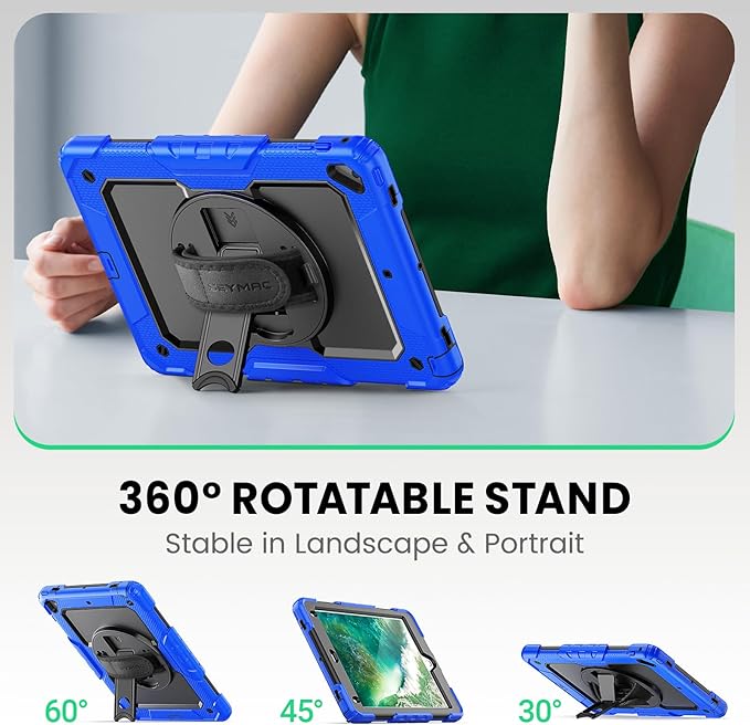 SEYMAC Case for iPad 6th/5th Generation 9.7 Inch, Full-Body Shockproof Heavy Duty Protective Case with Screen Protector, Rotating Stand/Hand/Shoulder Strap for iPad Air 2/ Pro 9.7, Blue