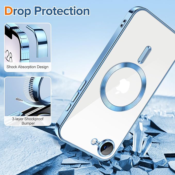 Hython Magnetic Clear for iPhone 17e Case with Camera Lens Protector [Compatible with MagSafe] Luxury Plating Edge Slim Soft TPU Cover Protective Phone Case for iPhone 17e 6.1", Light Blue