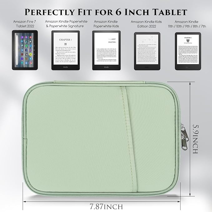6-7 Inch Tablet Sleeve for 7" Amazon Fire 7, 6.8" Amazon Kindle Paperwhite/Paperwhite Signature Edition/Paperwhite Kids/6" Kindle 11th 2022, 6" Kobo Clara 2E eReader Carrying Bag Case(Green)