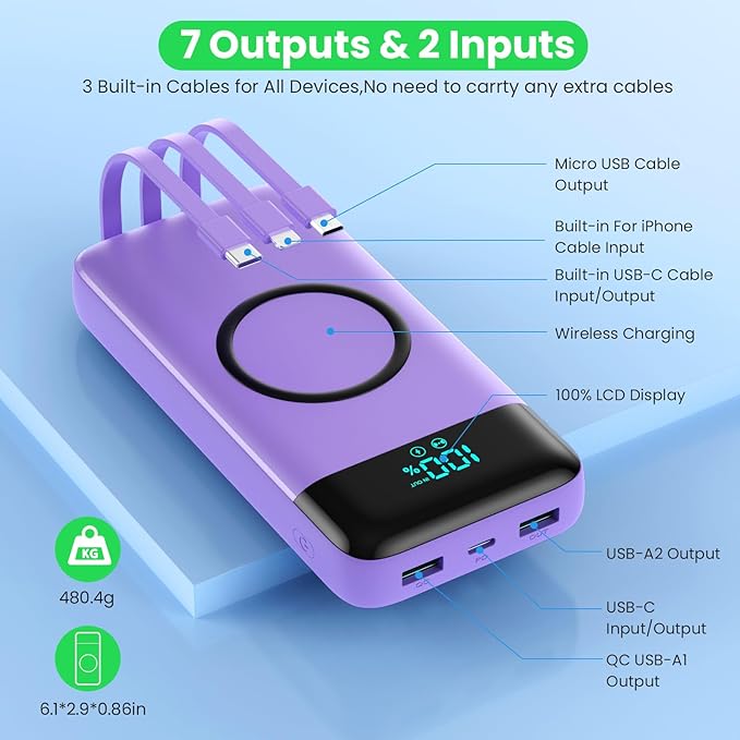 Wireless Portable Charger 40800mAh with 3 Built-in Cables,7-in-1 15W Wireless Charging Power Bank,25W PD QC 4.0 Fast Charging USB C LCD Display Battery Pack for iPhone 16/15/13,Samsung,Android-Purple