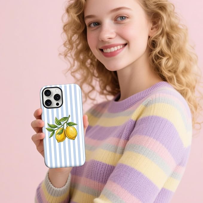 Magnetic for iPhone 14 Pro Case Cute Lemon Stripes Phone Case, Shockproof Slim TPU and Hard PC Protective Phone Cover Compatible with MagSafe Designed for Women Girls, Blue